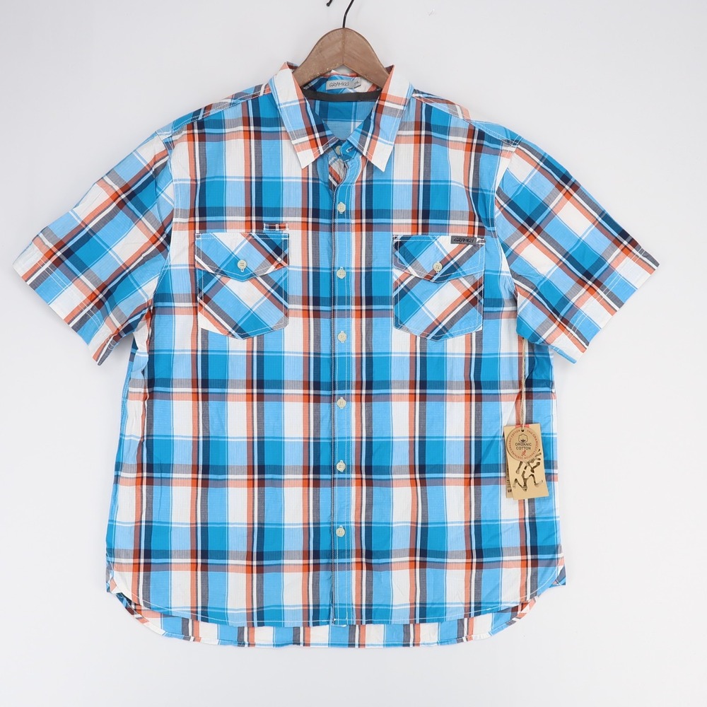 Gramicci Link Up Shirt Mens XXL Blue Plaid Ripstop Short Sleeve Button‎ Up